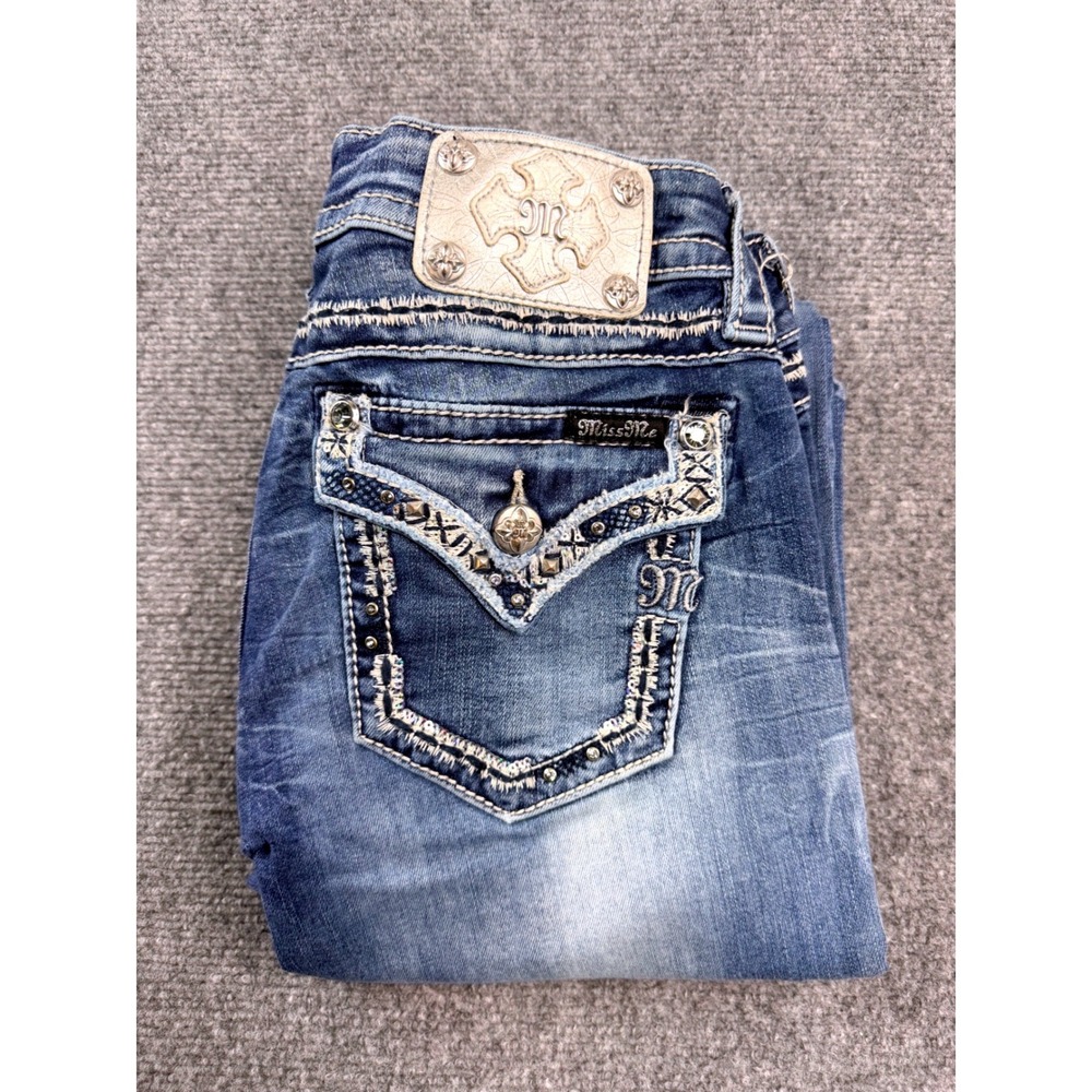 Miss Me Signature Bootcut Jeans Womens 28 Blue Med Wash Stretch Rhinestone Y2K